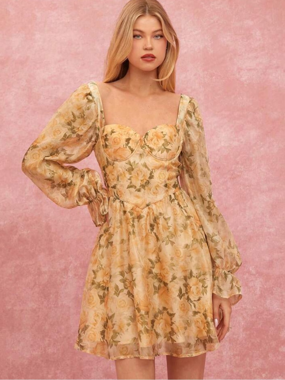 Floral Sweetheart Mini Dress in Light Yellow